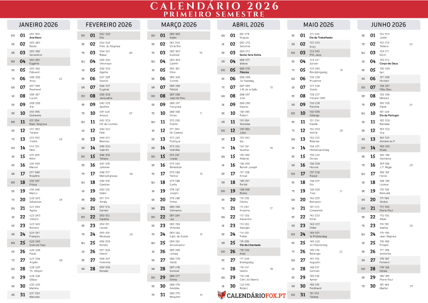 Six Month 2026 Calendar - Semester 1