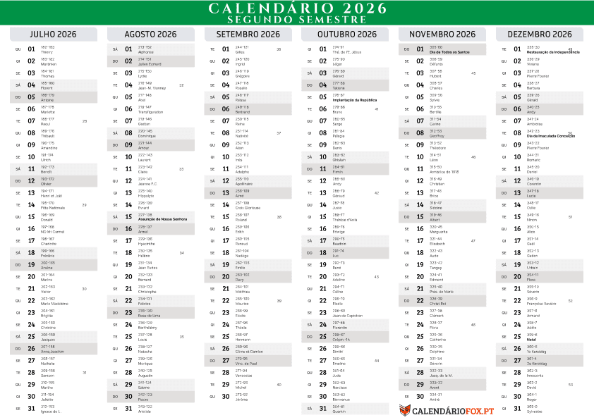 Six Month 2026 Calendar - Semester 2