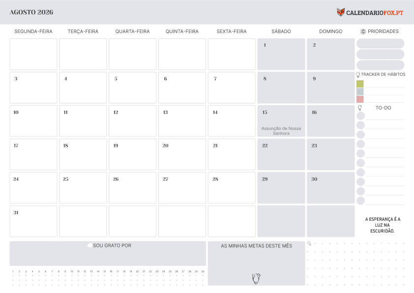 Calendário de Agosto com Feriados