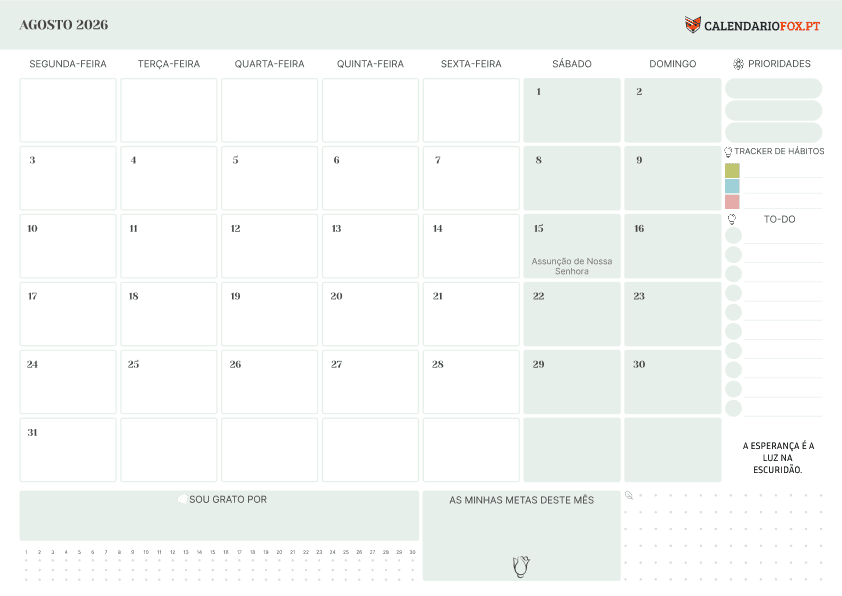 Calendário de Agosto com Lista de Tarefas