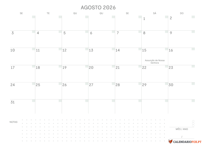 Calendário de Agosto com Notas