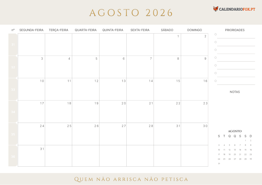 Calendário de Agosto com Números das Semanas