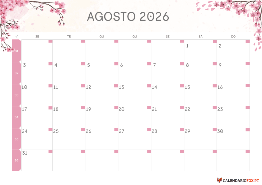Calendário de Agosto – Tema Floral 1