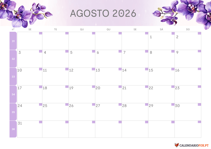 Calendário de Agosto – Tema Floral 2