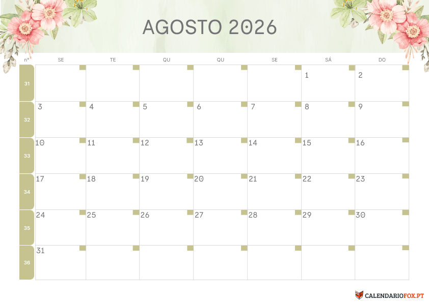 Calendário de Agosto – Tema Floral 3