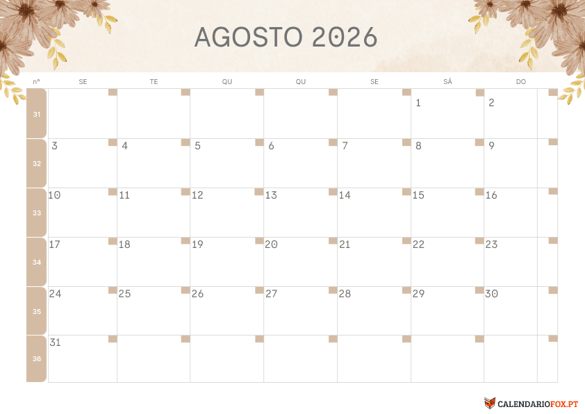 Calendário de Agosto – Tema Floral 4