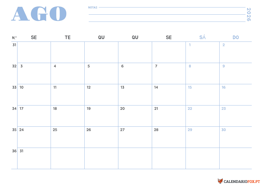 Calendário de Agosto – Tema Minimalista 1