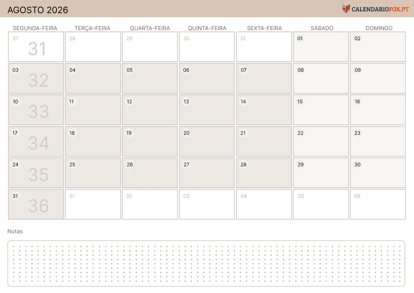 Calendário de Agosto – Tema Minimalista 2