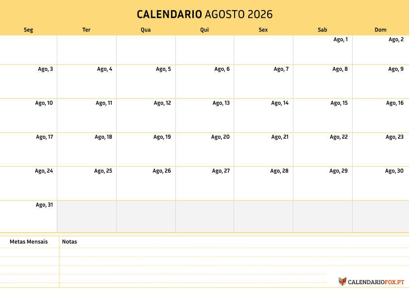 Calendário de Agosto – Tema Minimalista 3