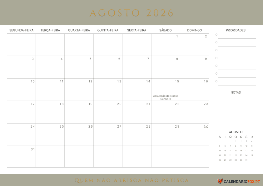 Calendário de Agosto – Tema Minimalista 4