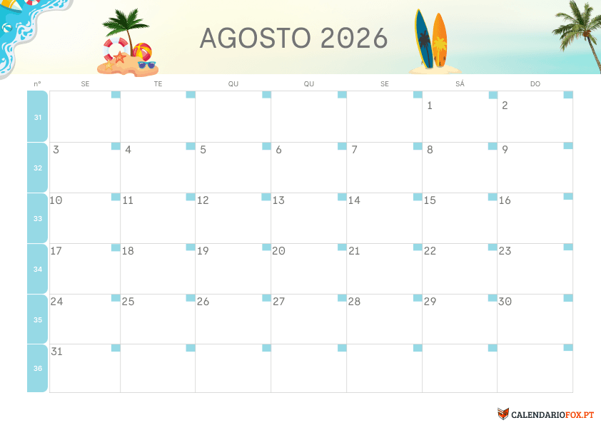 Calendário de Agosto – Tema de Fim de Verão 1