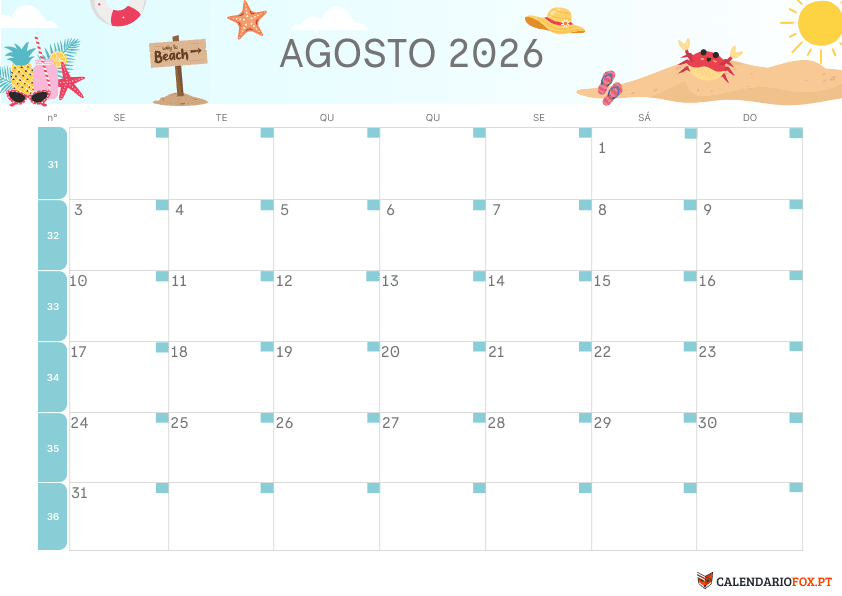 Calendário de Agosto – Tema de Fim de Verão 2