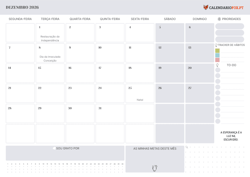 Calendário de December com Feriados