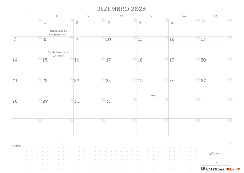 Calendário de December com Notas