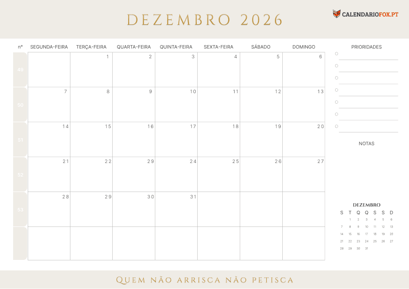 Calendário de December com Números das Semanas