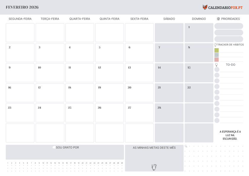 Calendário de Fevereiro