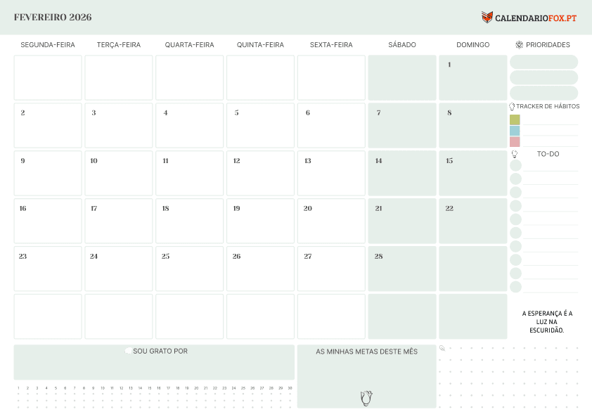 Calendário de Fevereiro