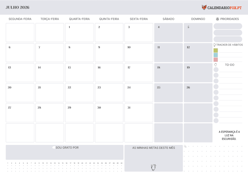 Calendário de Julho com Feriados