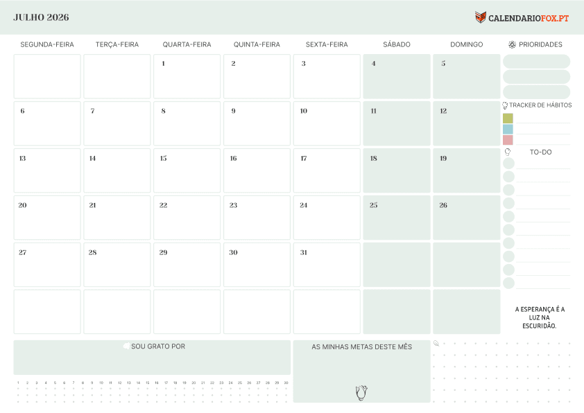 Calendário de Julho com Lista de Tarefas