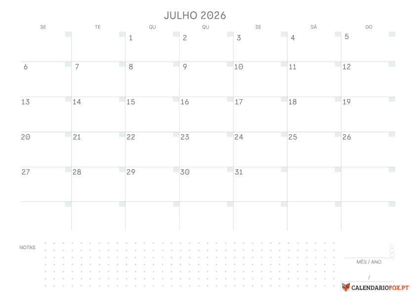 Calendário de Julho com Notas