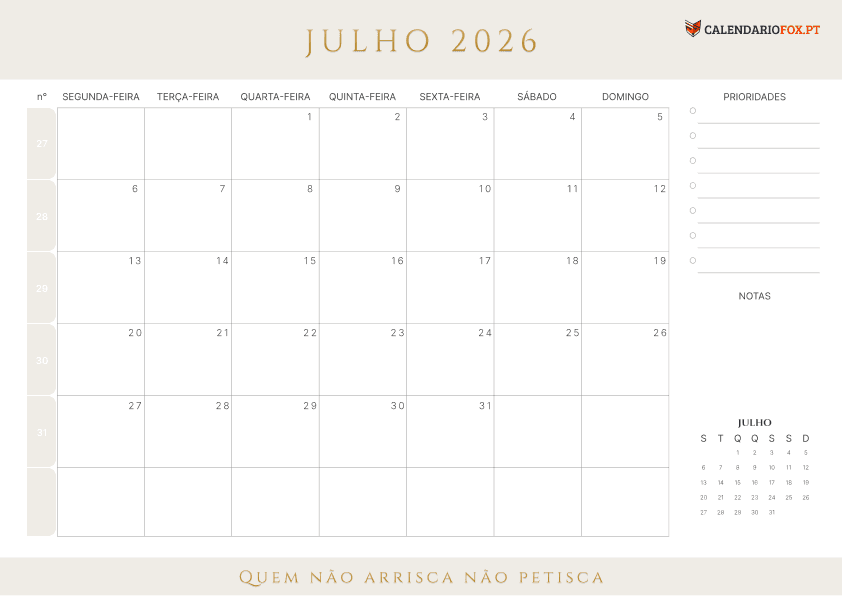 Calendário de Julho com Números das Semanas