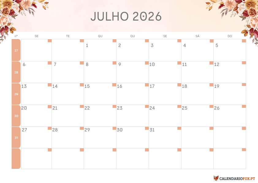 Calendário de Julho – Tema Floral 1