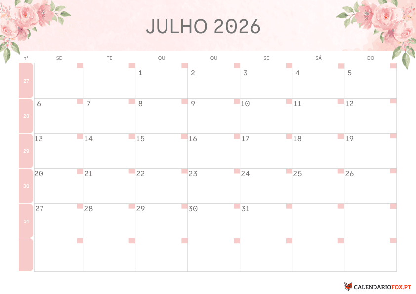 Calendário de Julho – Tema Floral 2