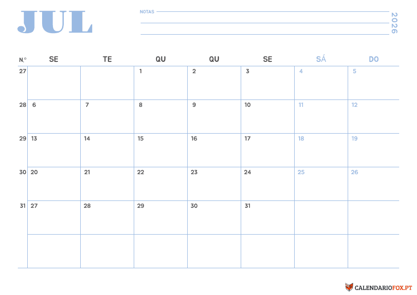 Calendário de Julho – Tema Minimalista 1