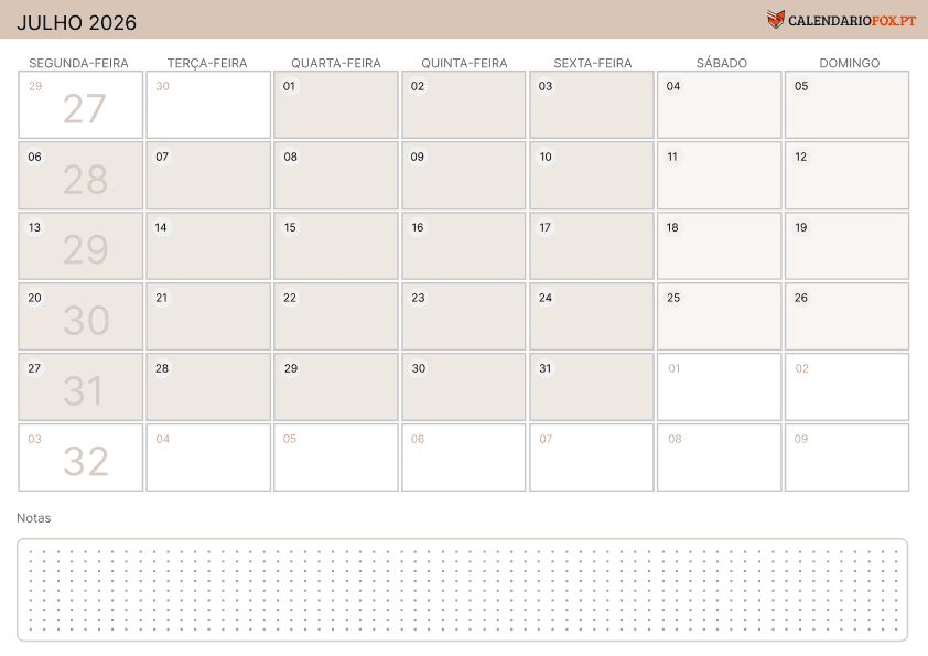 Calendário de Julho – Tema Minimalista 2