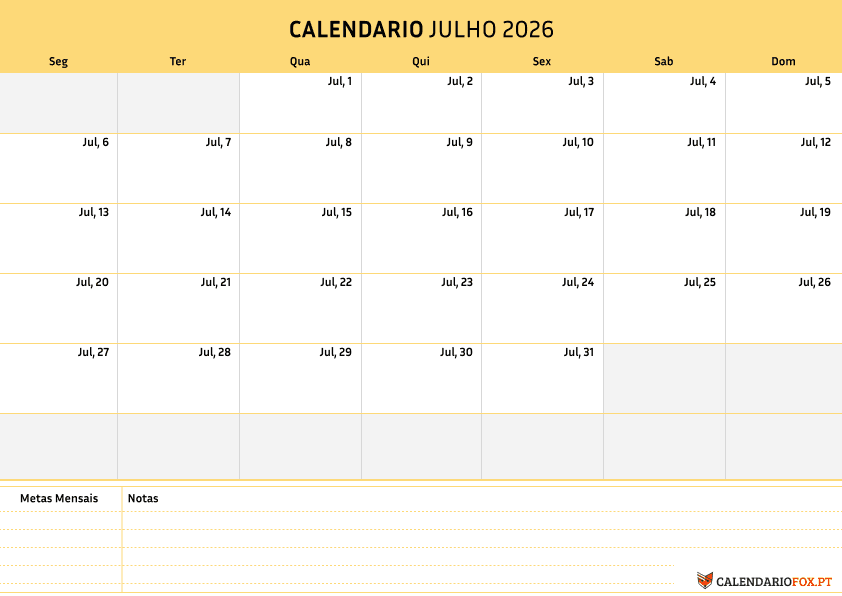 Calendário de Julho – Tema Minimalista 3