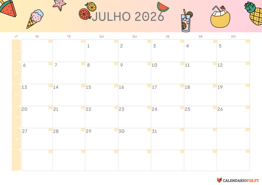 Calendário de Julho – Tema de Verão 2