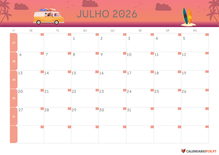 Calendário de Julho – Tema de Verão 3