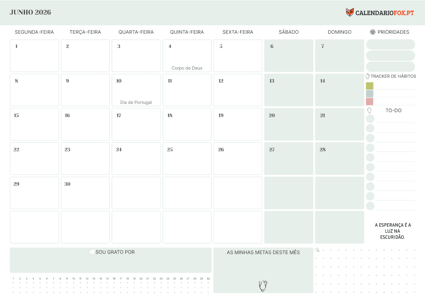 Calendário de Junho com Lista de Tarefas