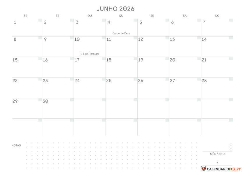 Calendário de Junho com Notas
