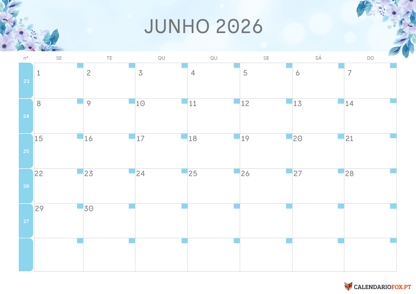 Calendário de Junho – Tema Floral 1