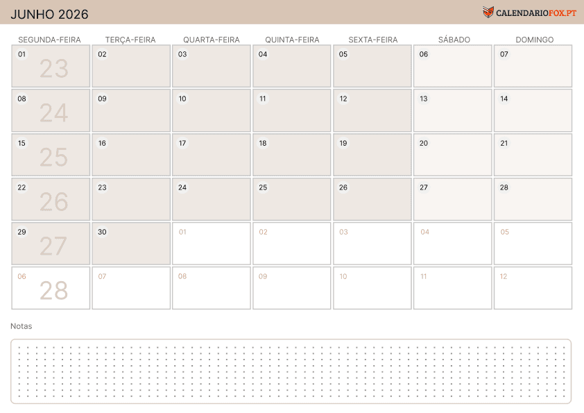 Calendário de Junho – Tema Minimalista 2