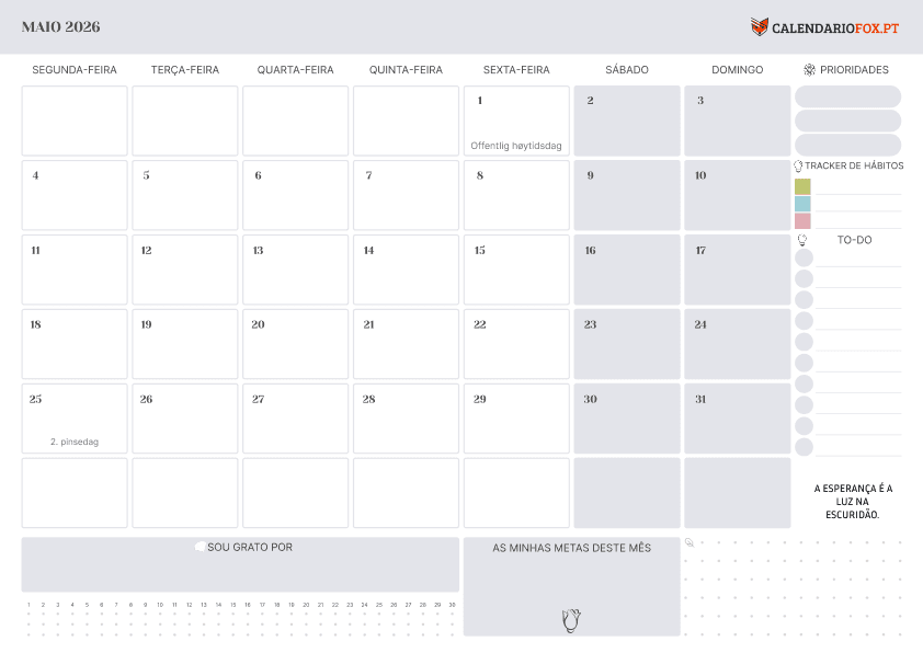 Calendário de Maio com Feriados