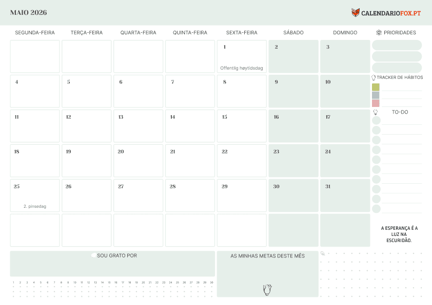 Calendário de Maio com Lista de Tarefas