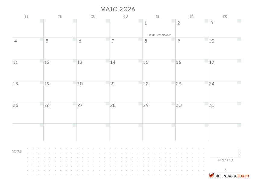 Calendário de Maio com Notas