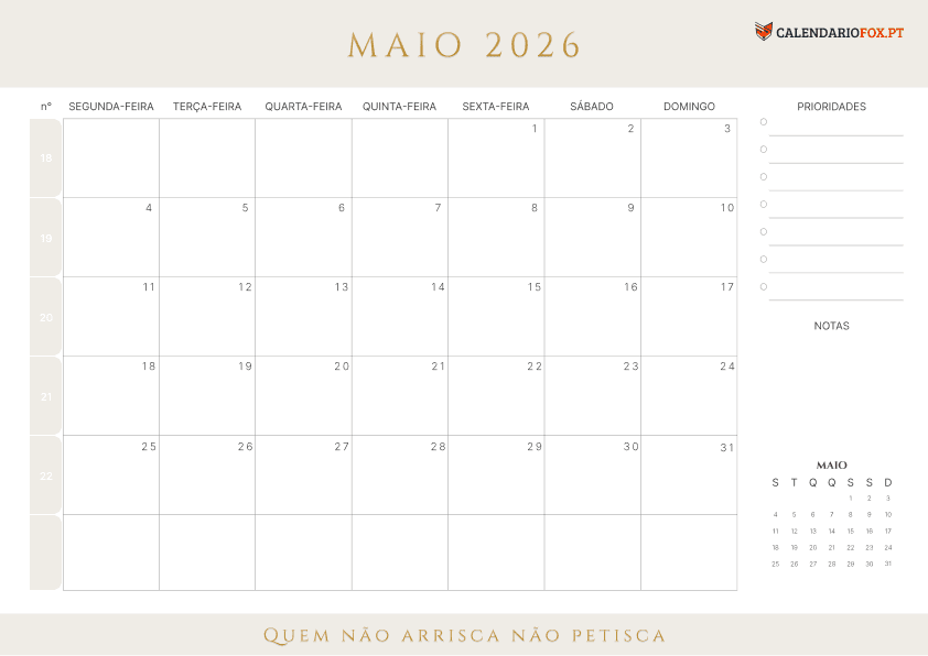 Calendário de Maio com Números das Semanas