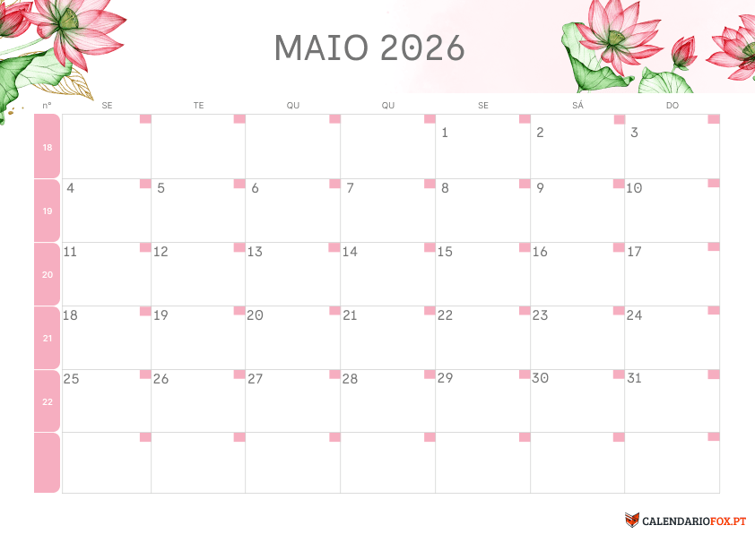 Calendário de Maio – Tema Minimalista 1