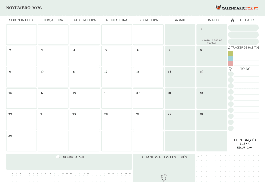 Calendário de November com Lista de Tarefas
