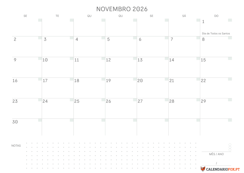 Calendário de November com Notas