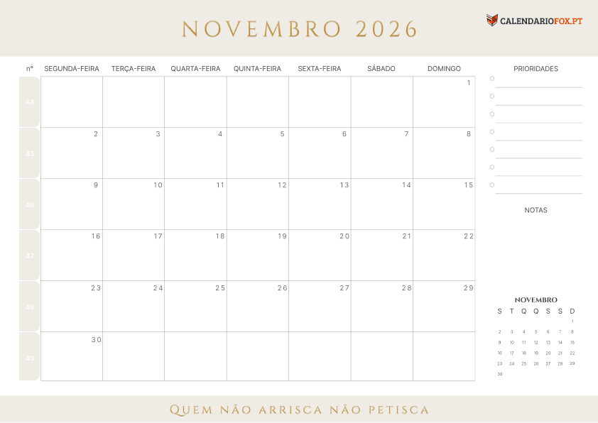 Calendário de November com Números das Semanas
