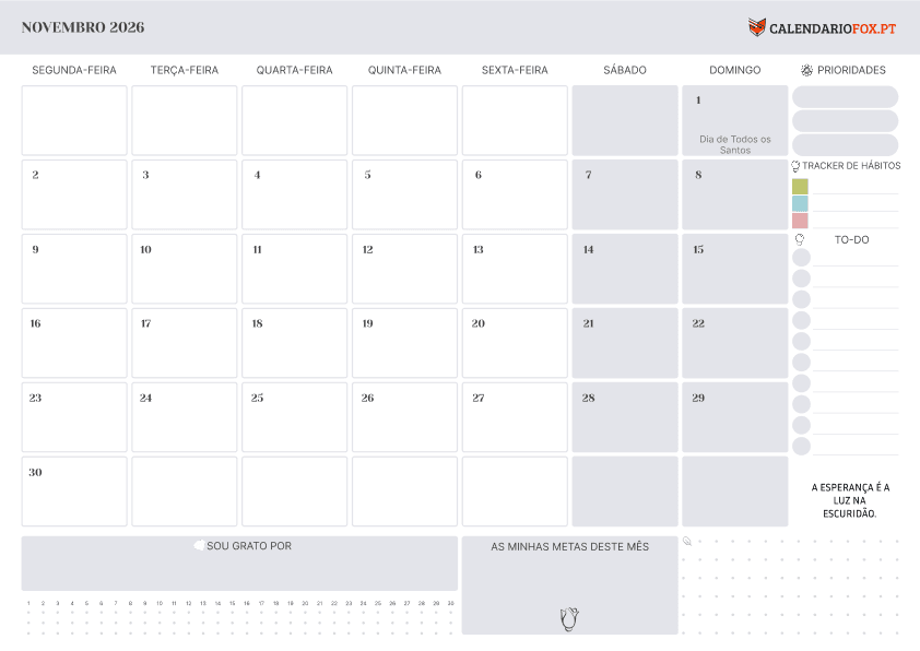Calendário de November com Feriados