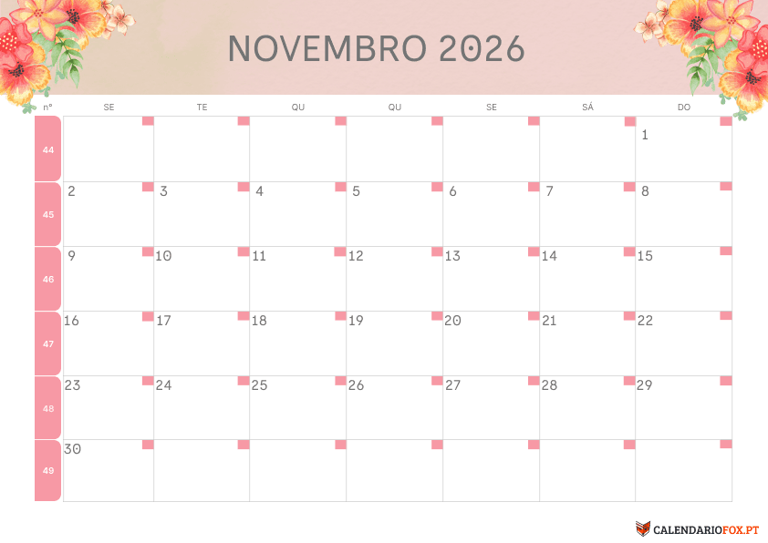 Calendário de Novembro – Tema Floral 1