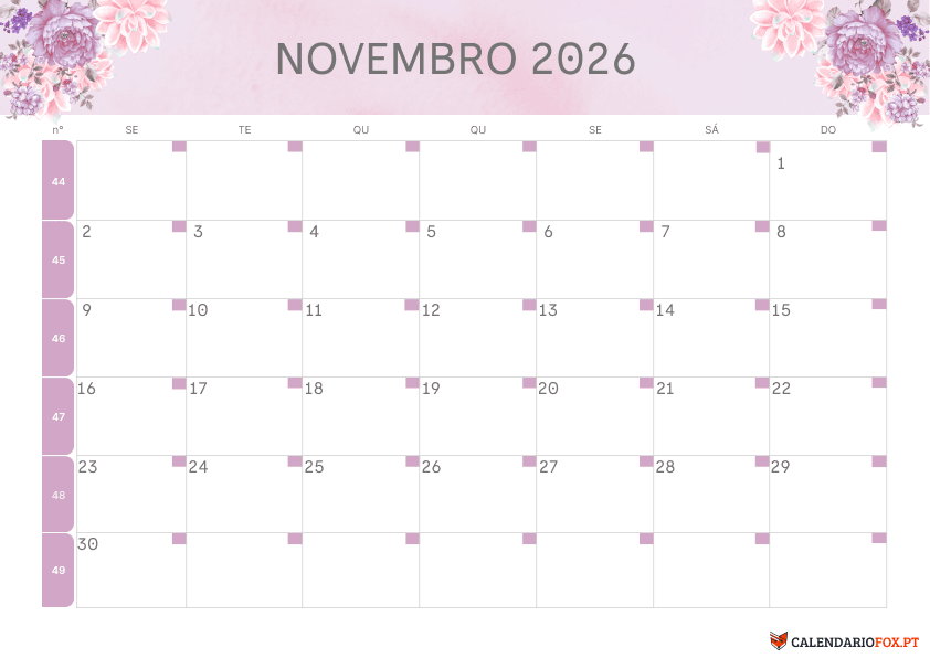 Calendário de Novembro – Tema Floral 2