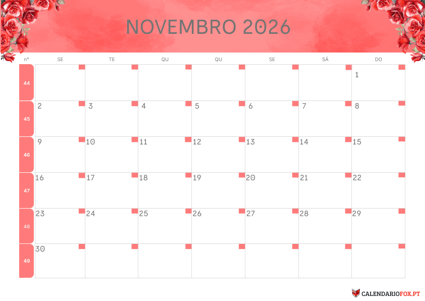 Calendário de Novembro – Tema Floral 3