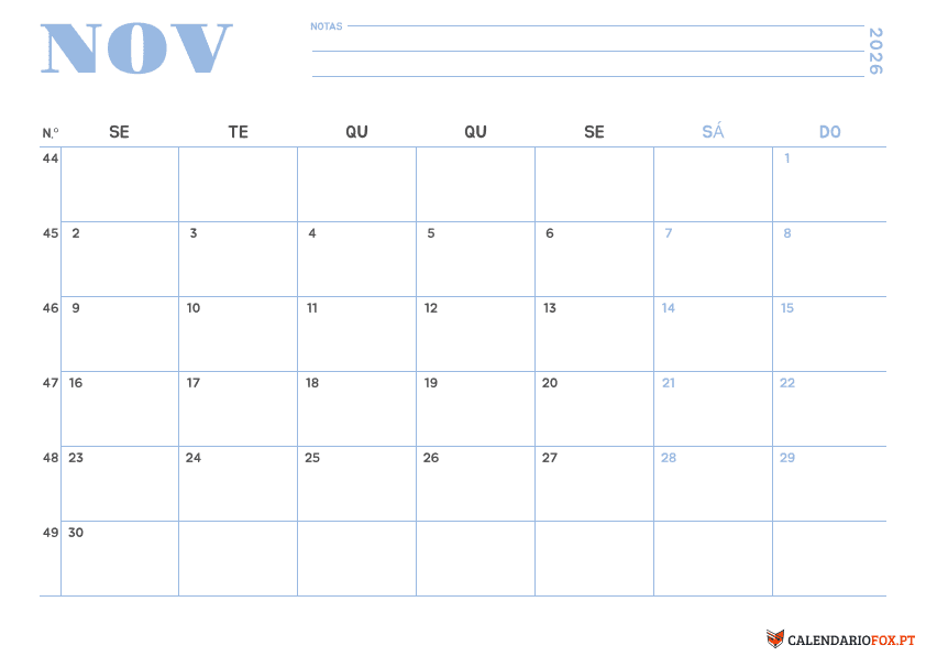 Calendário de Novembro – Tema Minimalista 1