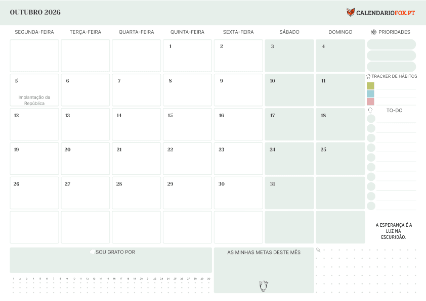 Calendário de Outubro com Lista de Tarefas